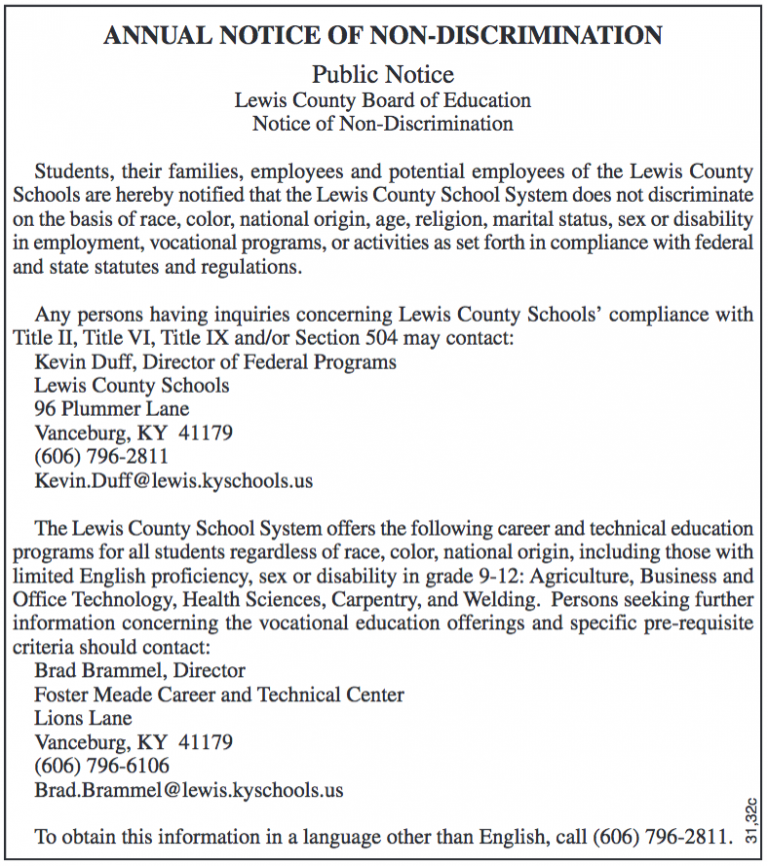 Annual Notice Of Non Discrimination Lewis County Board Of Education