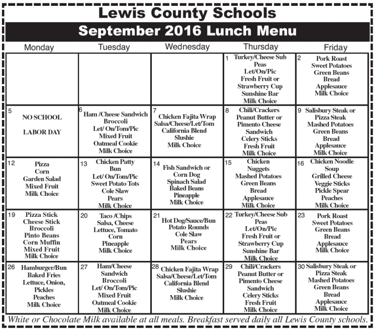 Lewis County Schools Lunch Menu September 2016 – The Lewis County Herald