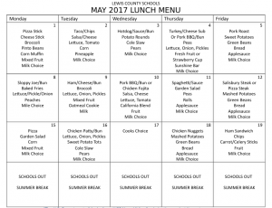 Lewis County Schools, May 2017 Lunch Menu – The Lewis County Herald