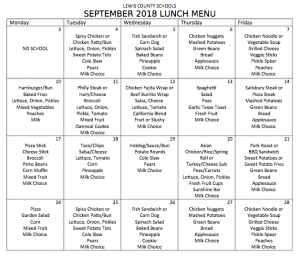 Lewis County Schools September Lunch Menu – The Lewis County Herald